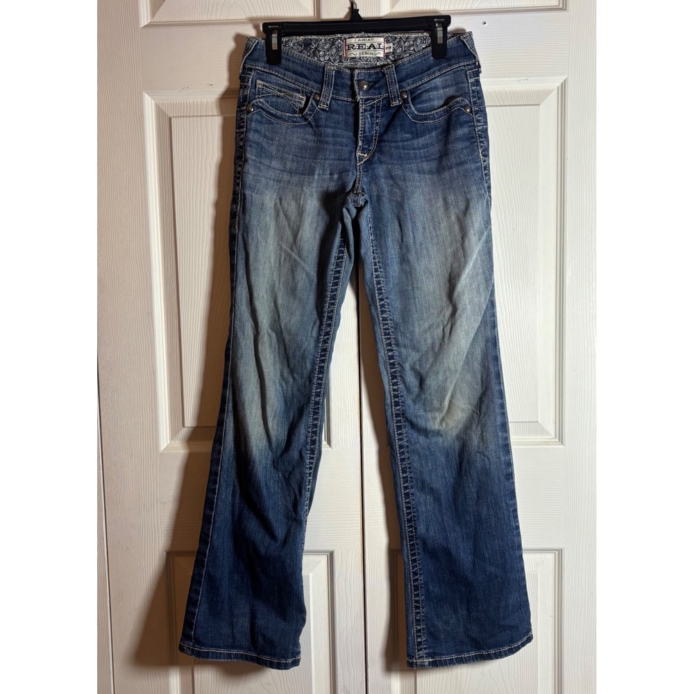 Ariat REAL Mid Rise Bootcut Jeans Medium Wash Embellished Pocket Womens 27R